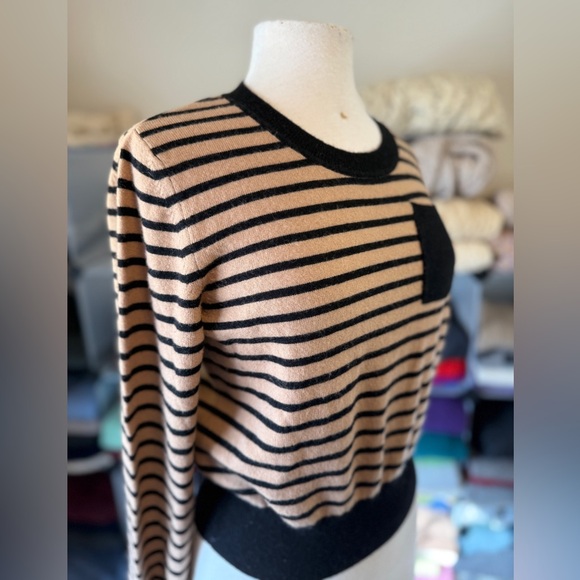 Wool/Cashmere Blend Camel/Black Striped Sweater from Naadam. M - Picture 5 of 10